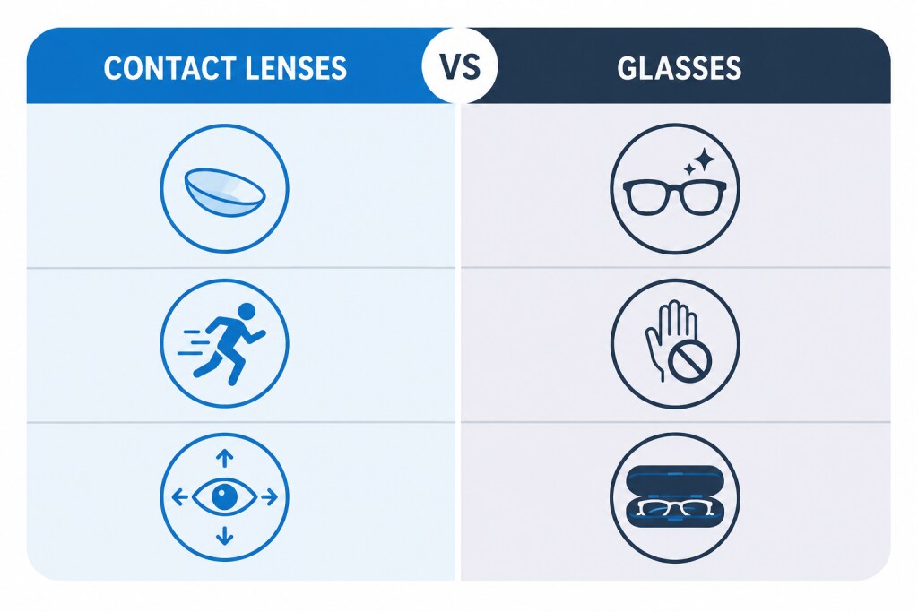 Side-by-side comparison of contact lenses and glasses for comfort, care, and daily use