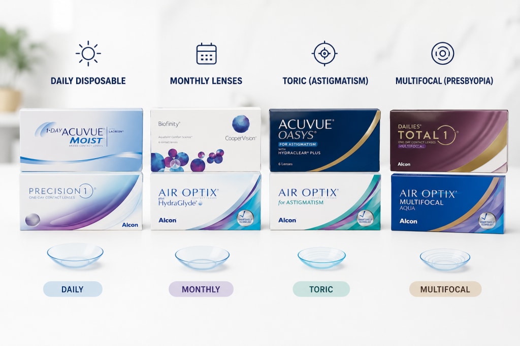 Daily, monthly, toric, and multifocal contact lens boxes for different vision needs
