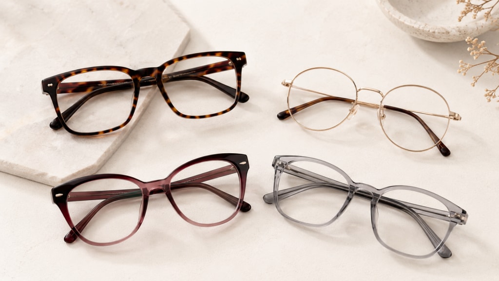 Prescription eyeglass frames in different styles for daily vision correction