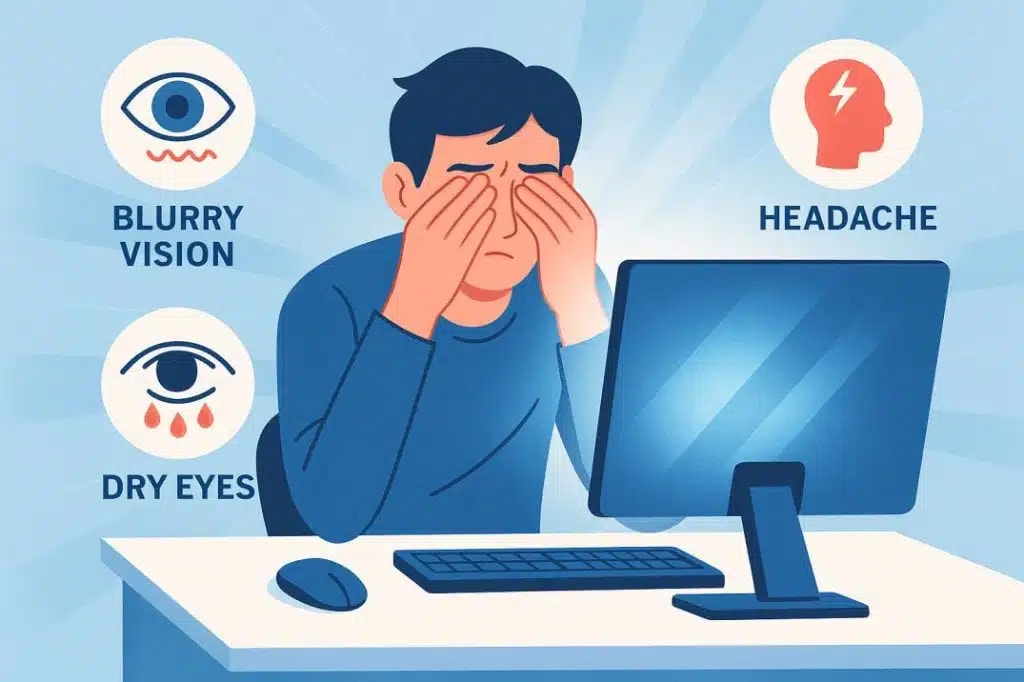 Illustration showing a person rubbing their eyes at a computer with icons for blurry vision, dry eyes, and headache