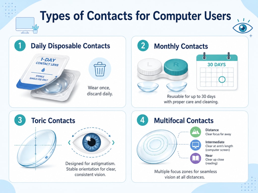 Types of contacts for computer users including daily, monthly, toric, and multifocal lenses