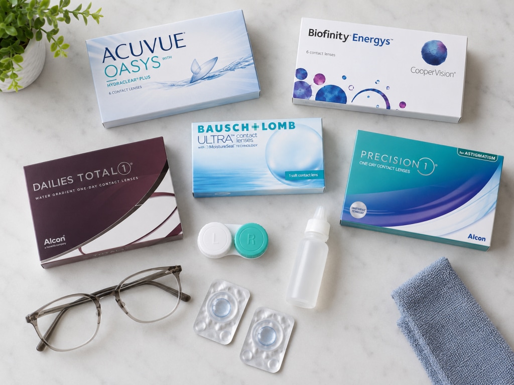 Contact lens boxes, case, and eye drops for screen-heavy contact lens routines