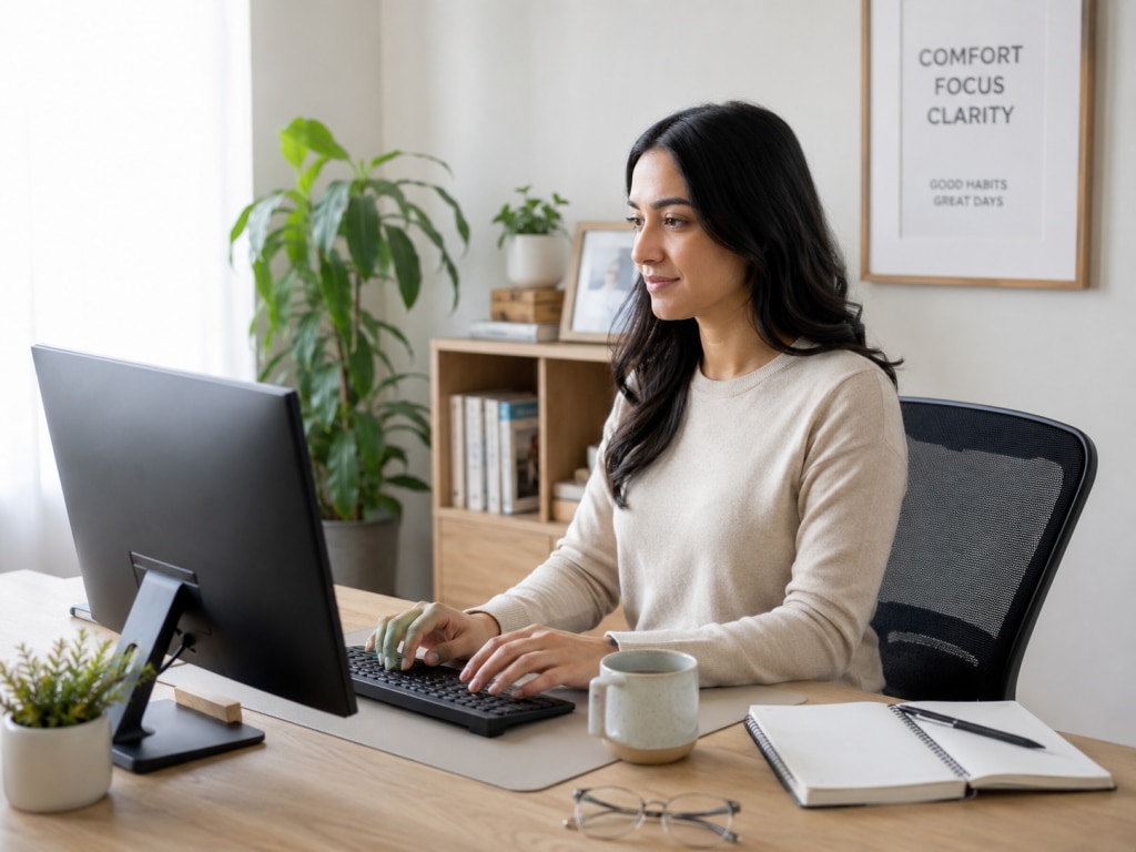 Person working at a computer with contacts, glasses, and an eye-friendly desk setup