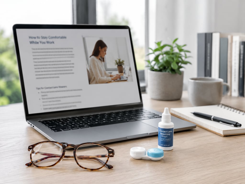 Contact lens case, eye drops, and glasses beside a laptop for computer screen comfort