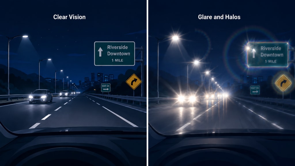 Side-by-side night driving comparison showing clear vision and headlight glare with halos for contact lens wearers.