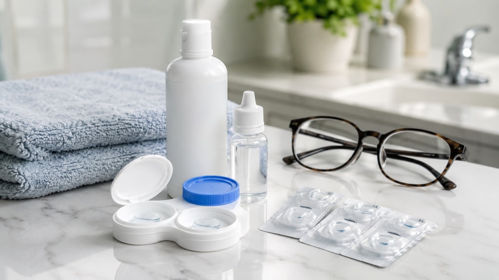 Contact lens care items with lens liquid, rewetting drops, backup glasses, and blister packs on a bathroom counter.