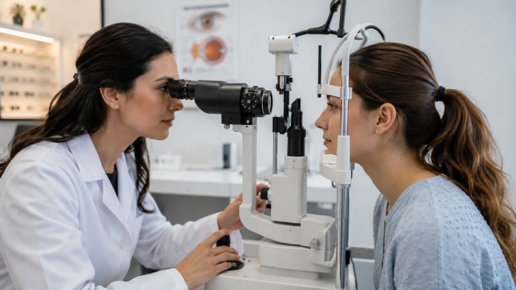 Optometrist examining a patient’s eyes with a slit lamp to check contact lens fit and night vision concerns.