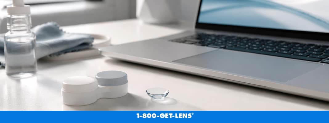 Contact lens case, rewetting drops, and laptop for contacts for computer use and screen time comfort