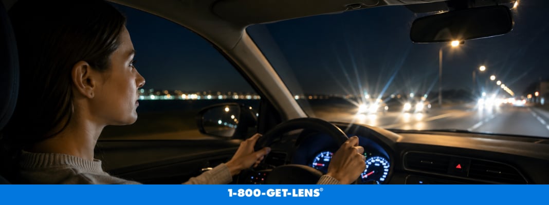 Driver wearing contact lenses at night with oncoming headlights, glare, and halos affecting night driving vision.