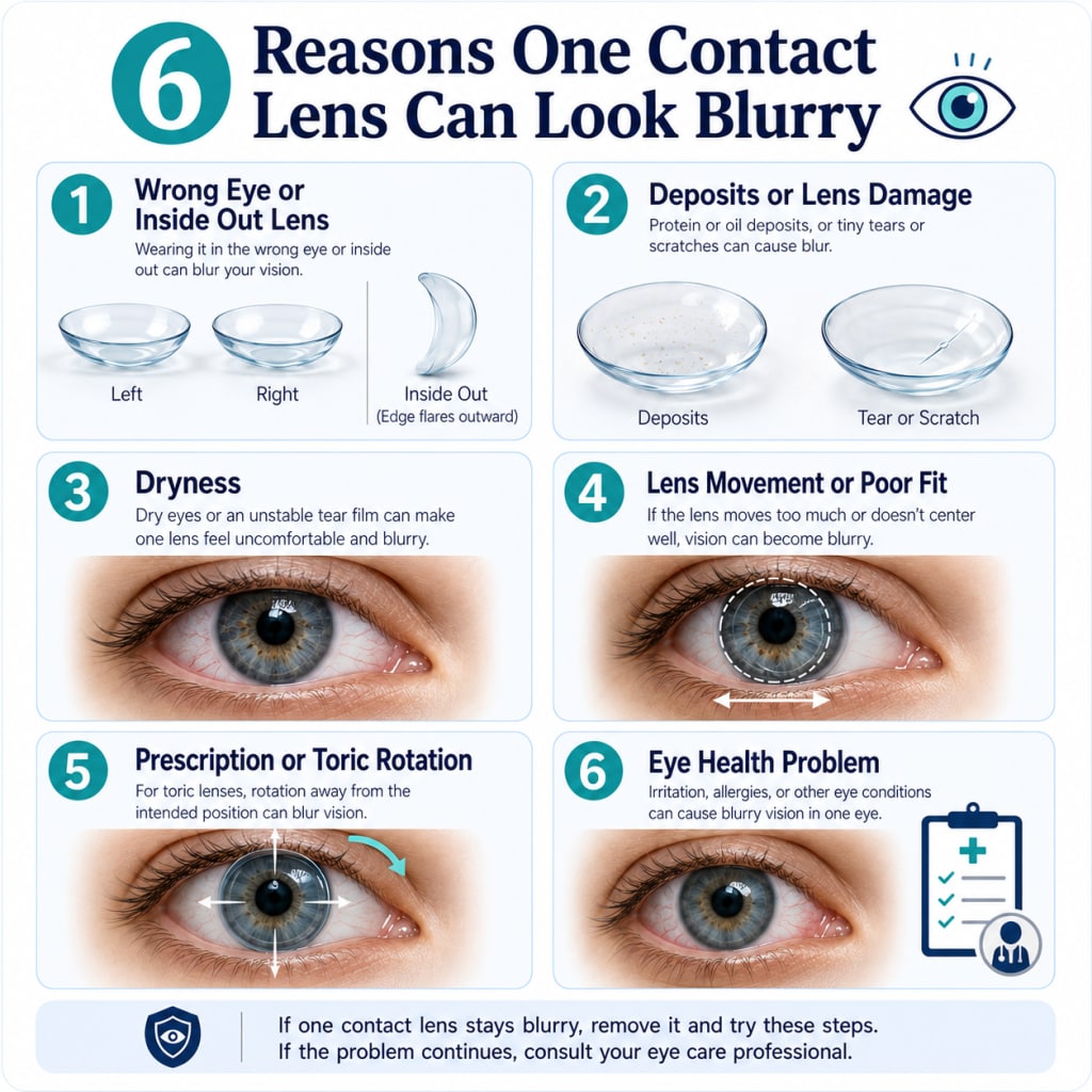 Infographic showing six reasons one contact lens can look blurry, including an inside out lens, deposits, dryness, poor fit, toric lens rotation, and eye health problems.