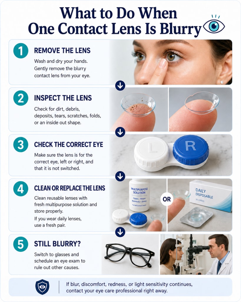 Infographic showing how to address one blurry contact lens by removing and inspecting the lens, checking the correct eye, cleaning or replacing it, and switching to glasses before an eye exam.