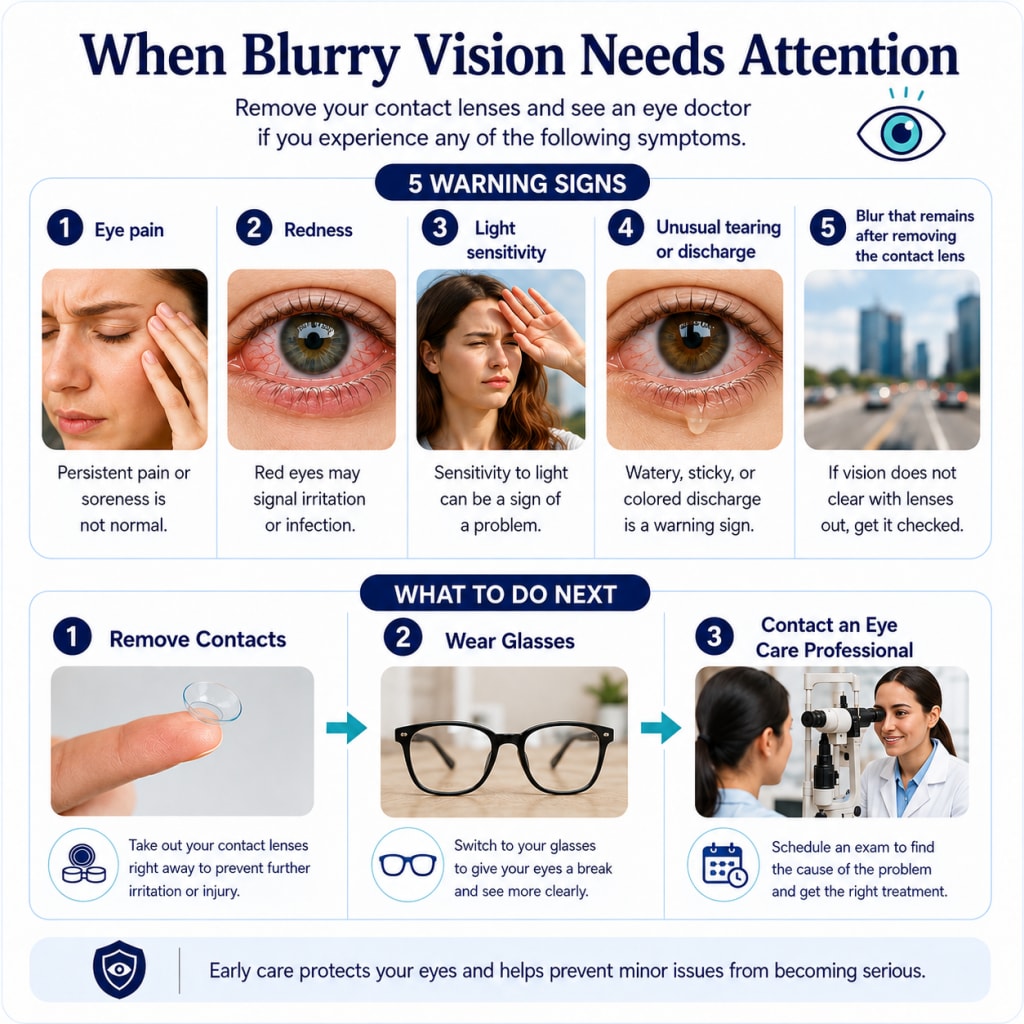 Infographic showing warning signs linked to blurry vision with contacts, including eye pain, redness, light sensitivity, discharge, and blur that remains after lens removal.