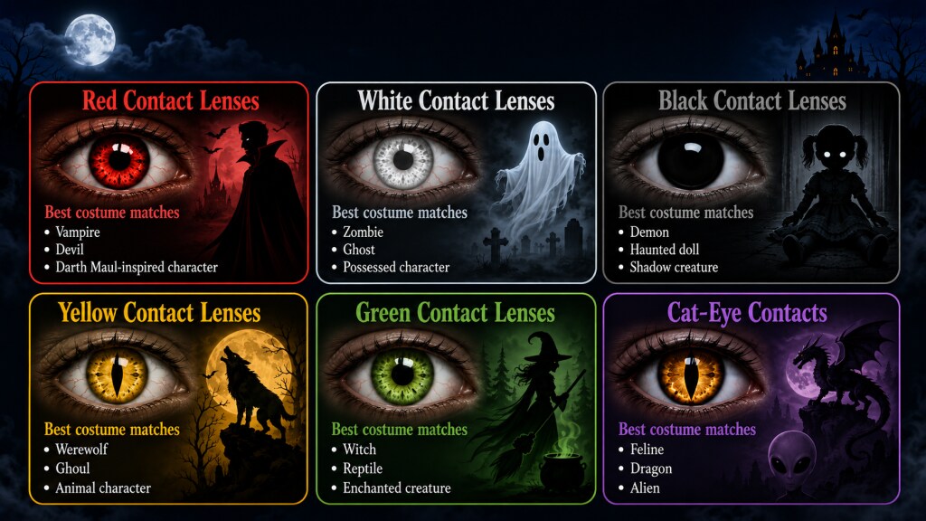Red, white, black, yellow, green, and cat-eye contacts for Halloween costumes