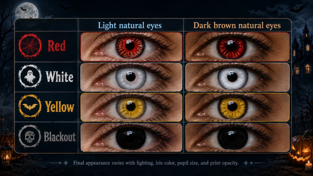 Opaque Halloween contacts compared on light and dark brown eyes