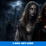 Halloween contacts with vampire, ghost, and werewolf costumes in a dark forest scene