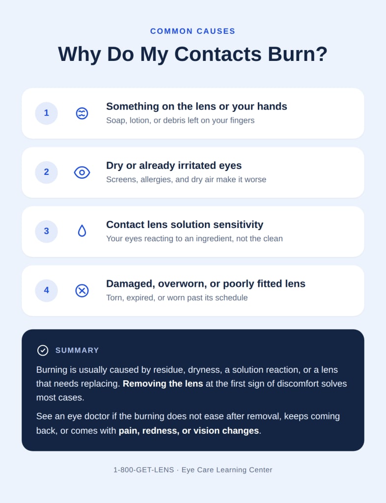 Infographic showing the four common causes of contact lens burning