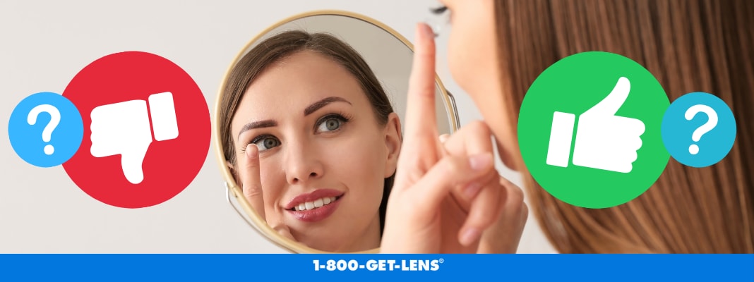 Woman looking in a mirror while inserting a contact lens, with question marks and thumbs-up and thumbs-down icons representing whether contacts are safe to wear with a stye.