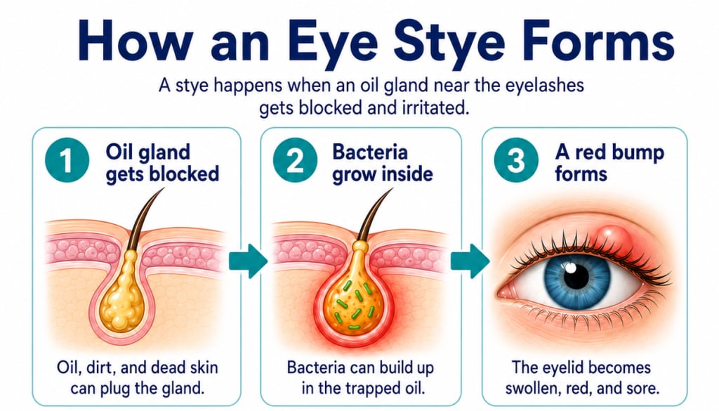 Diagram showing how an eye stye forms when an eyelid oil gland becomes blocked, bacteria build up, and a red swollen bump develops.