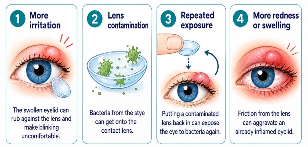Illustration showing how wearing contact lenses with an eye stye can increase irritation, contamination, repeated bacterial exposure, and redness.