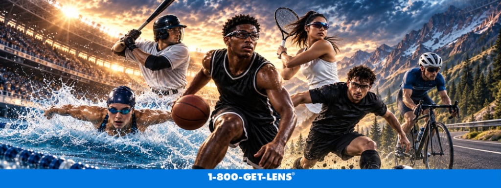 Athletes playing basketball, baseball, tennis, swimming, soccer, and cycling with sports goggles and other eye protection.