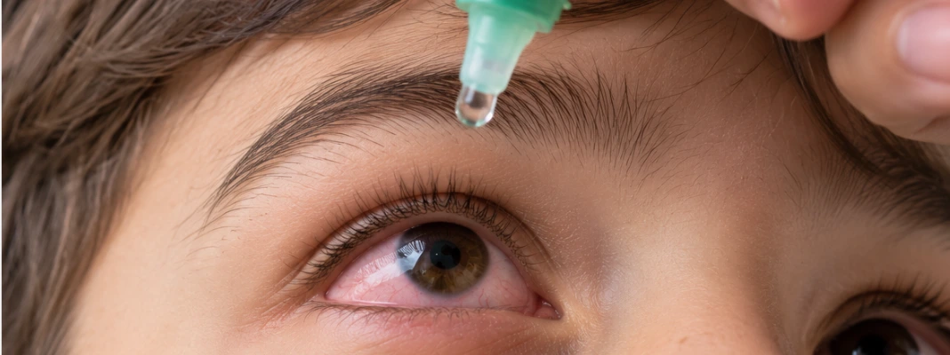 Young boy receiving eye drops, illustrating guidance on whether you can use eye drops with contacts safely.
