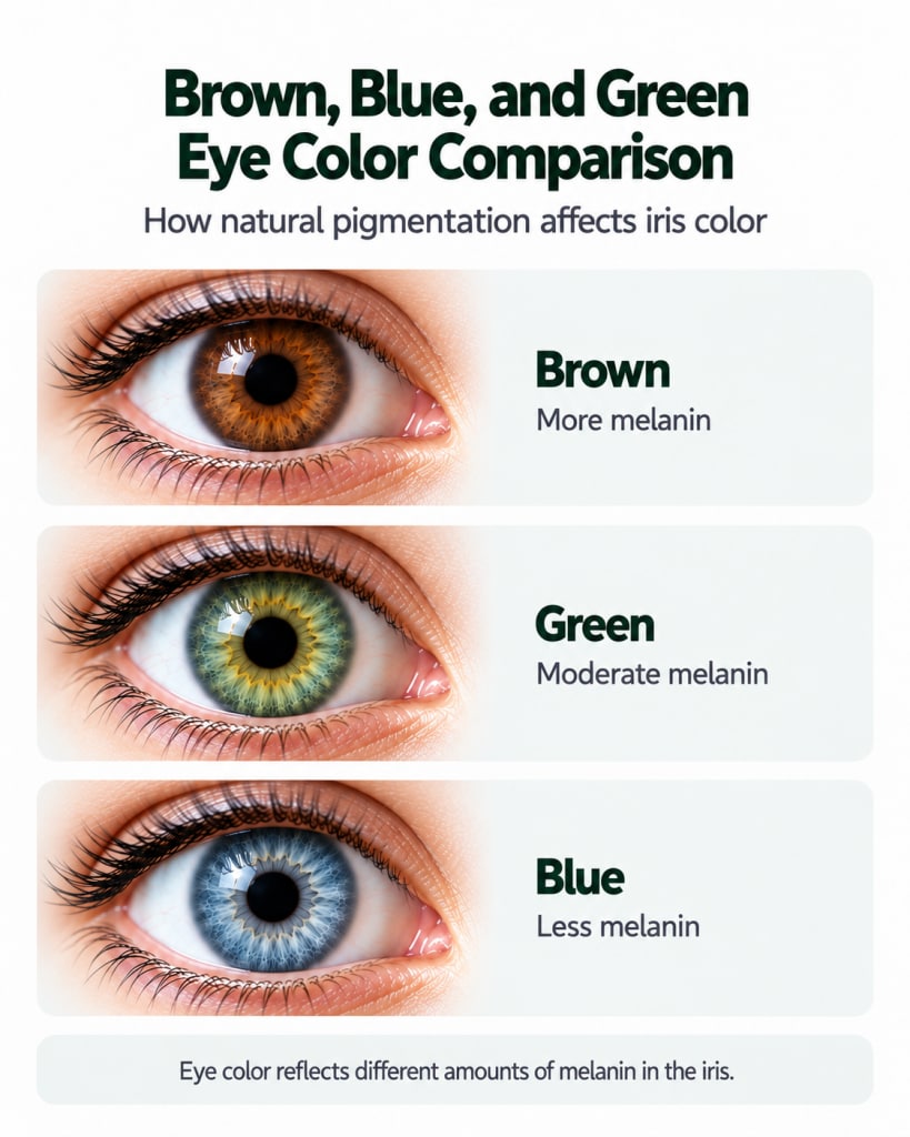 Comparison of brown, blue, and green human irises showing natural eye color differences