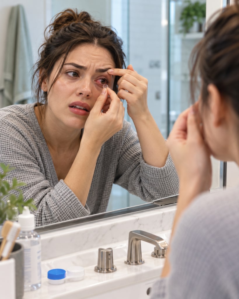 Woman carefully removing a contact lens after experiencing eye discomfort