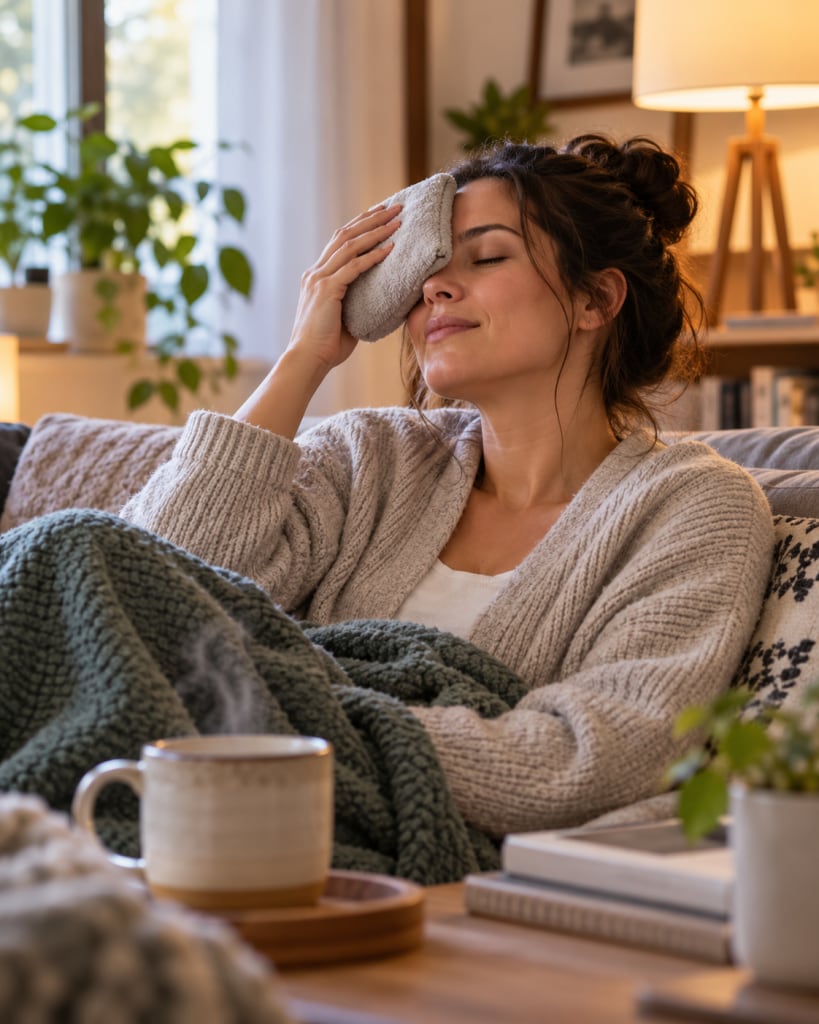 Woman applying a warm compress to her closed eye to relieve discomfort