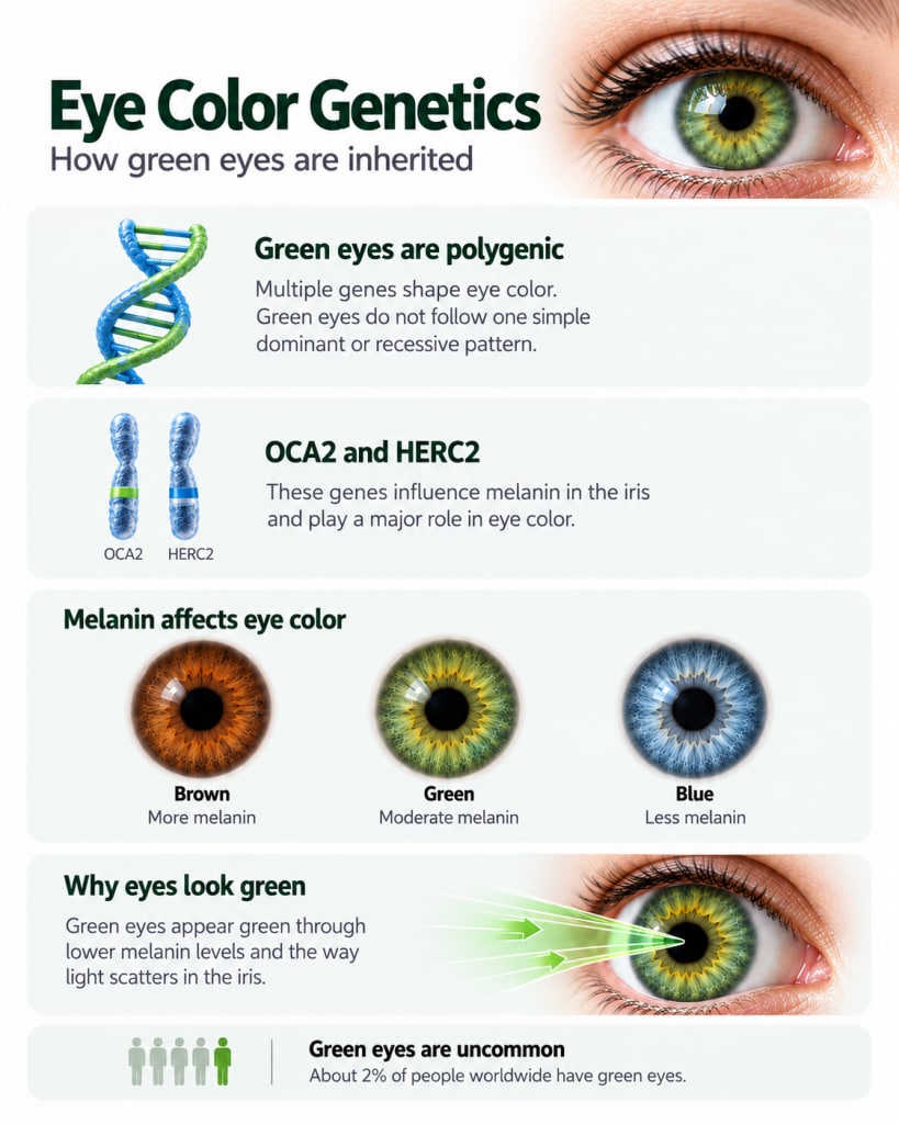 Diagram showing how multiple genes, including OCA2 and HERC2, influence green eye color