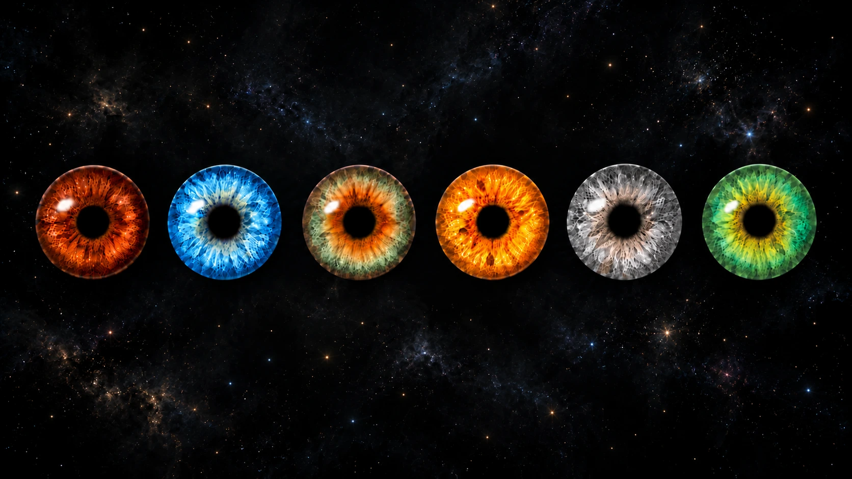 Eye colors showing brown, blue, hazel, amber, gray, and green irises side by side.