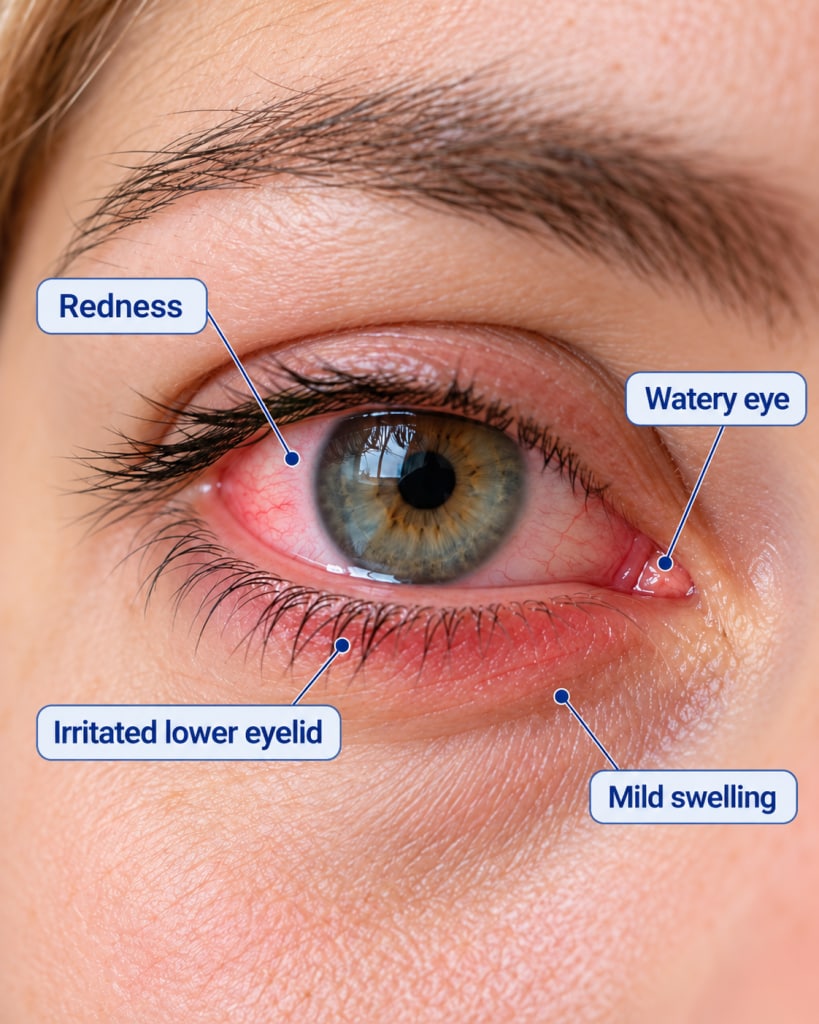 Close-up of an irritated eye with mild redness and eyelid discomfort
