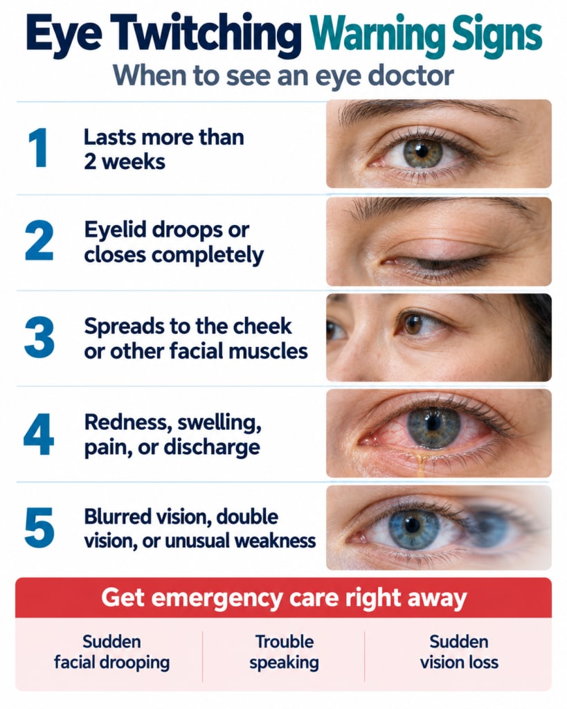 Image of eye twitching warning signs, including eyelid drooping and facial spasms