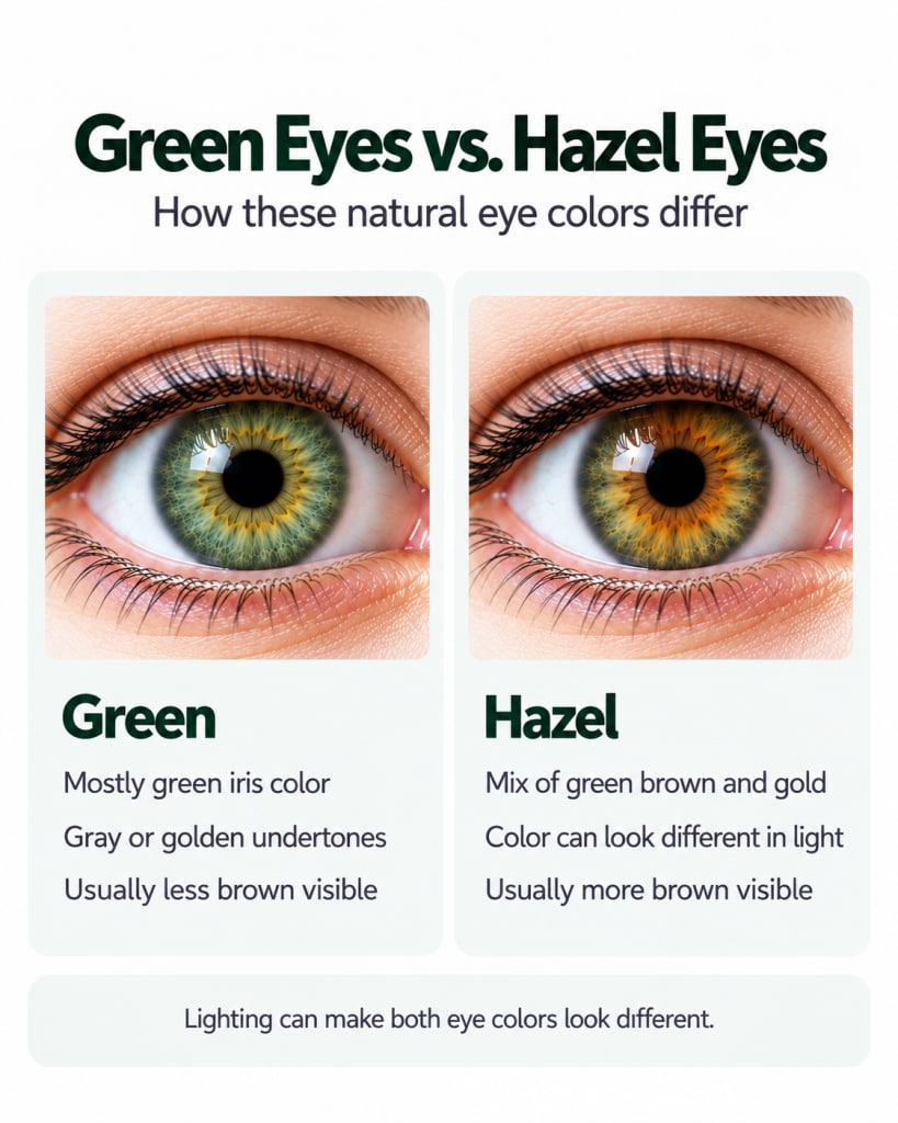 Side-by-side comparison of green and hazel eyes showing differences in iris color and pigmentation