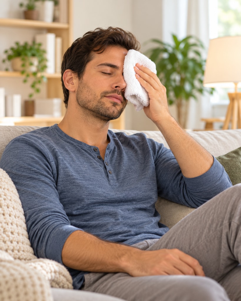 Man gently applying a warm compress over a closed eye to soothe eyelid discomfort