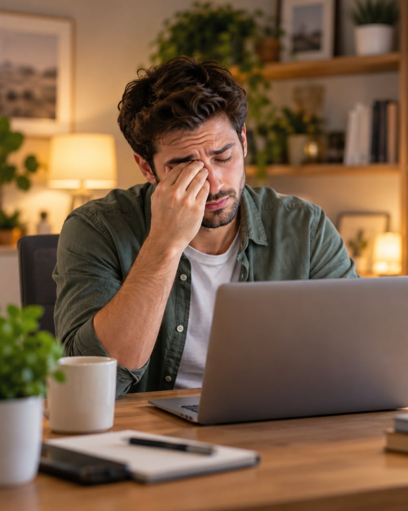 Man rubbing tired eyes while working on a laptop