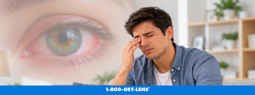 Man touching his eyelid while experiencing eye pain when blinking